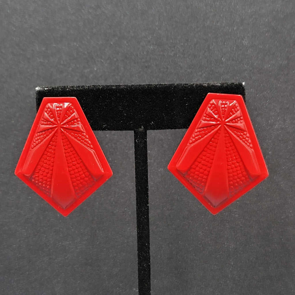 Vintage Pierced Earrings Red Embossed Enamel over Metal Drop 1.5"