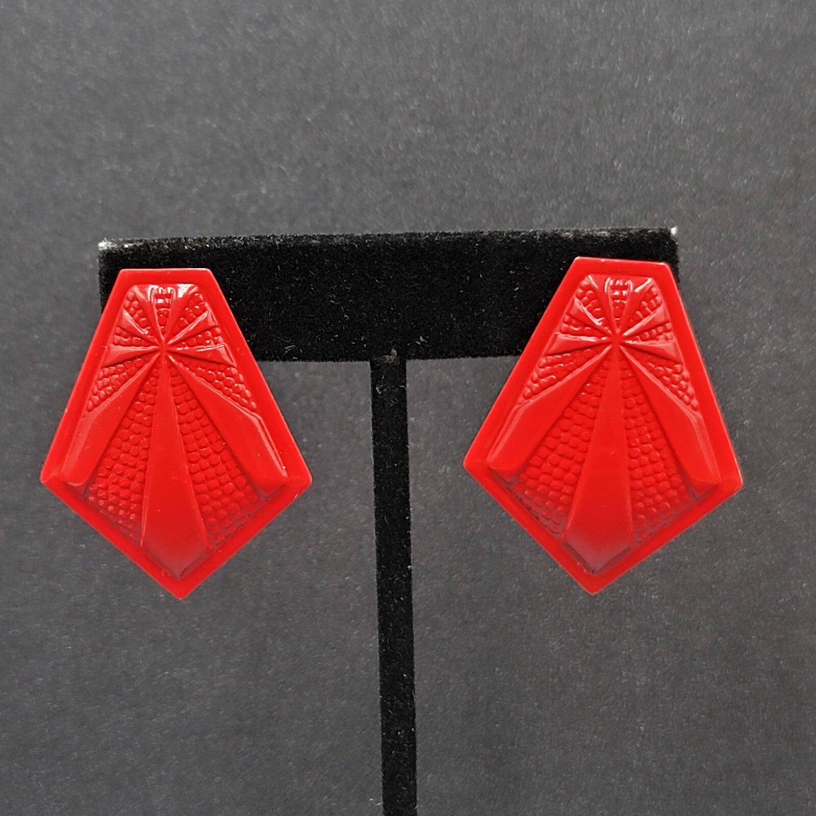 Vintage Pierced Earrings Red Embossed Enamel over Metal Drop 1.5"
