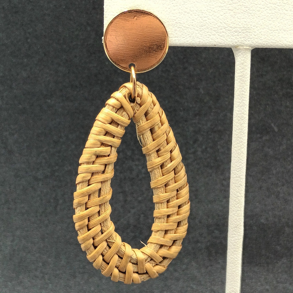 Pierced Earrings Gold tone Rattan Teardrop Statement Dangle 2 1/2"