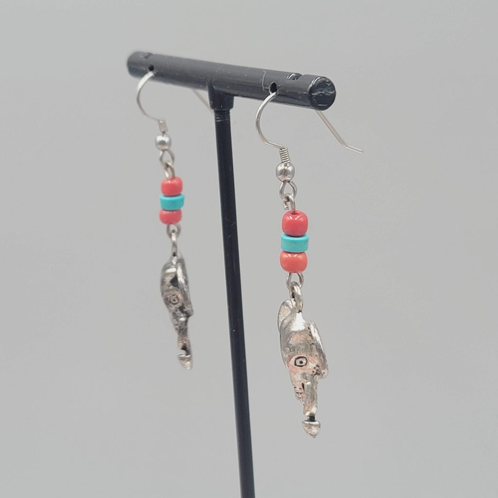 Elephant Bead Pierced Earrings Dangle Silver tone 1.5"