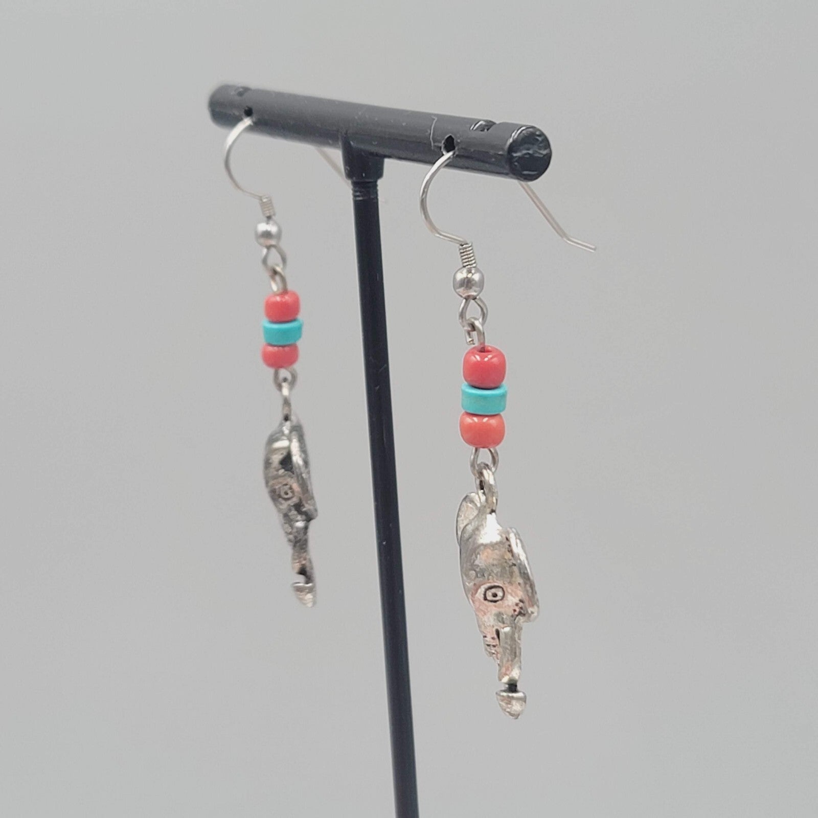 Elephant Bead Pierced Earrings Dangle Silver tone 1.5"