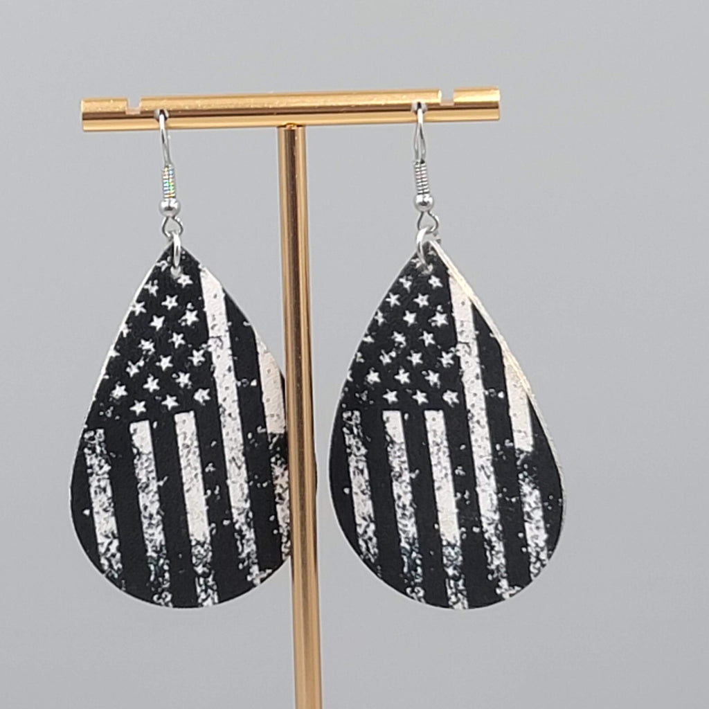 Black and White American Flag Pierced Earrings Teardrop Dangle 2.25"