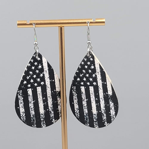Black and White American Flag Pierced Earrings Teardrop Dangle 2.25"