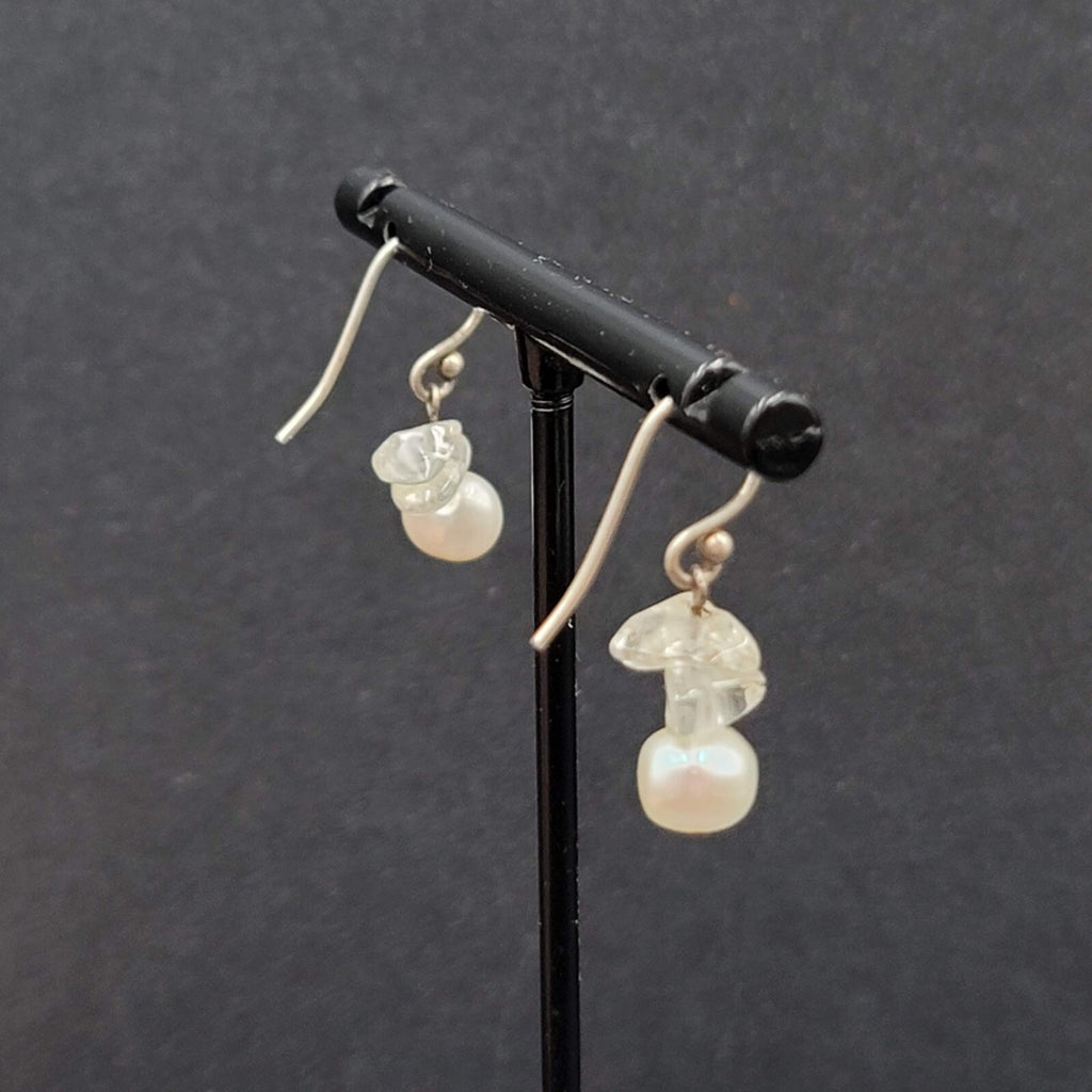 Sterling Silver Pierced Earrings Freshwater Pearl Quartz Bead Dangle 5/8"