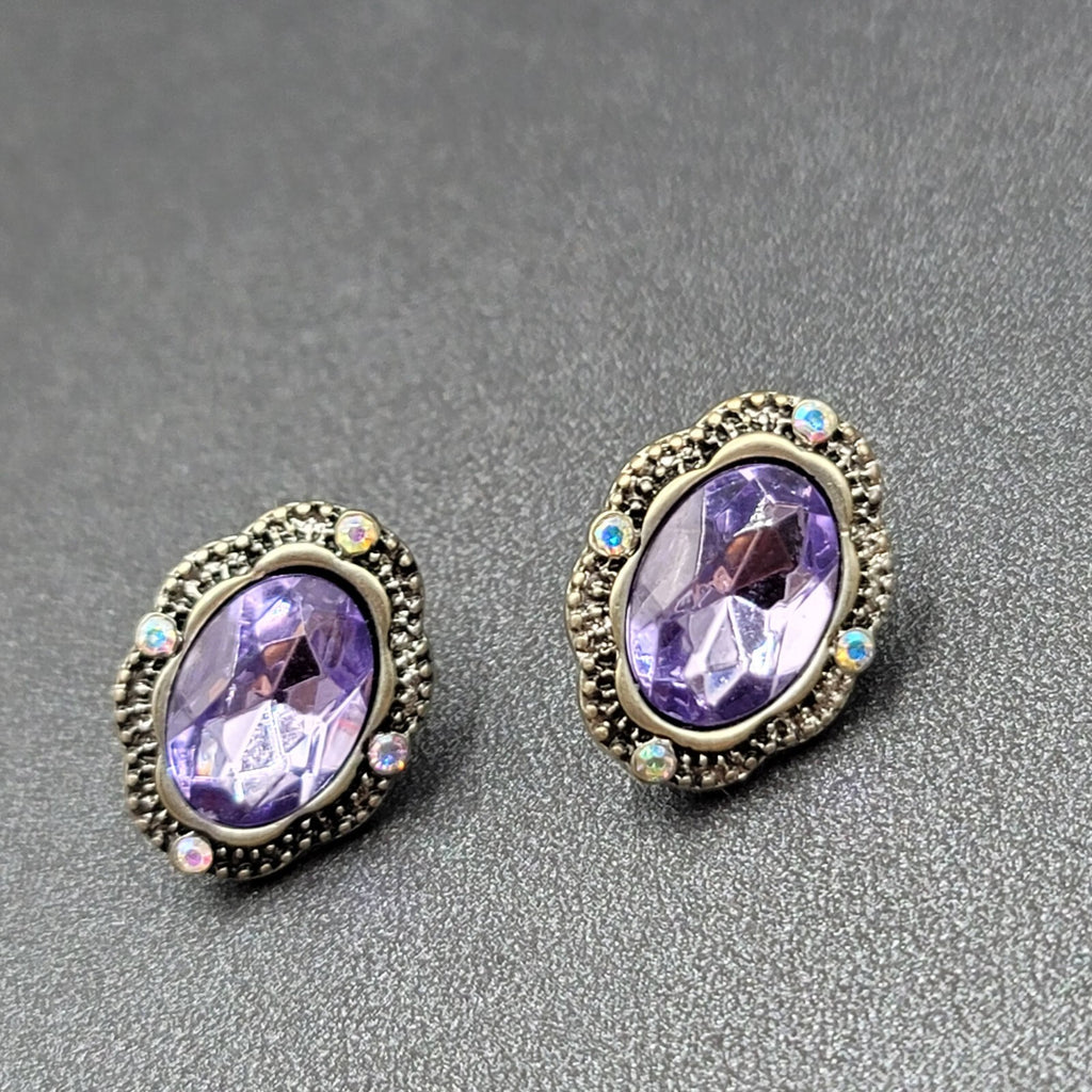 Pierced Earrings Silver tone Glass Faceted Oval Rhinestone 7/8"