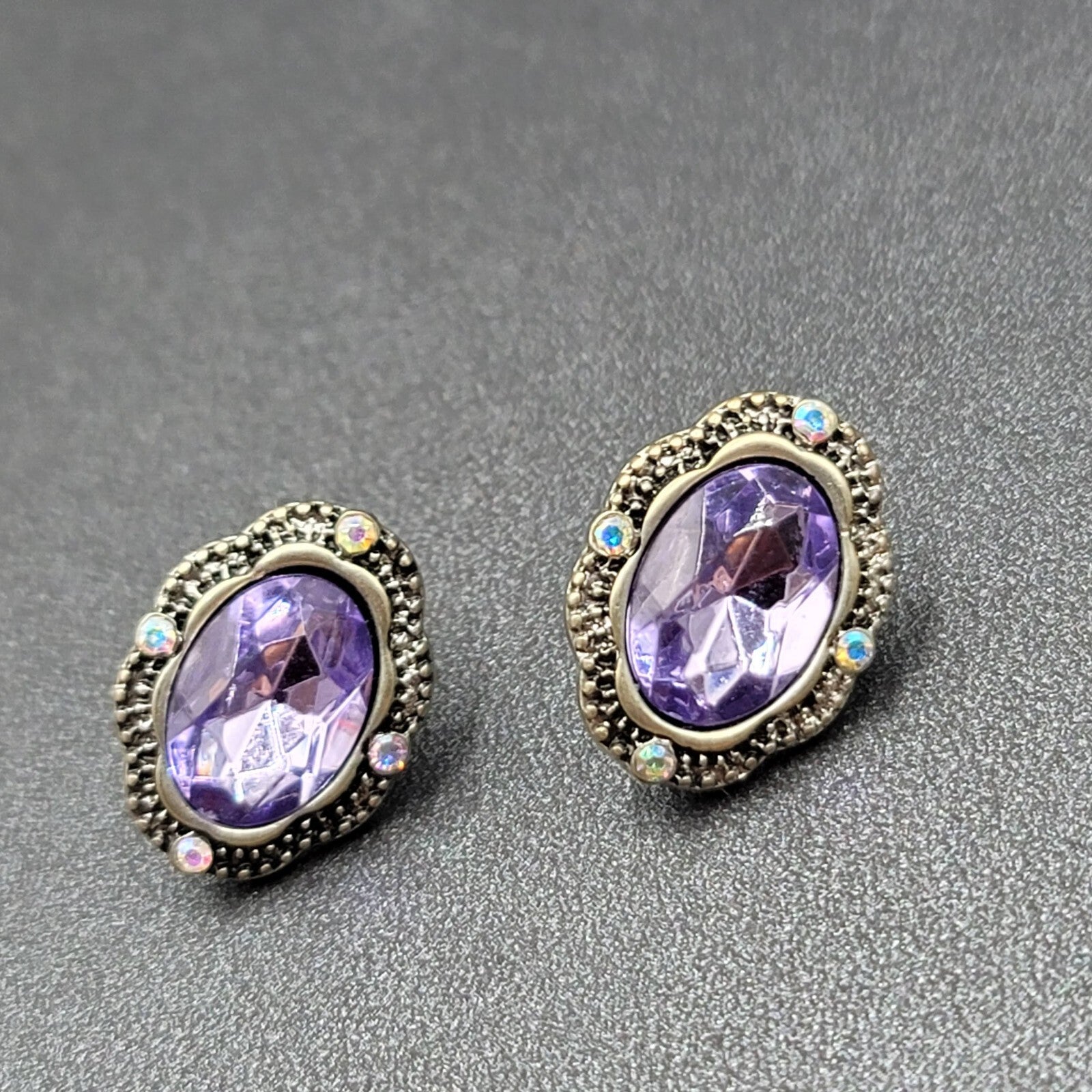 Pierced Earrings Silver tone Glass Faceted Oval Rhinestone 7/8"