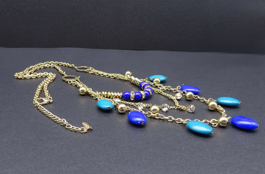 Signed VCLM Necklace Gold tone Multi Layer Blue Bead Chain Long 28" - 31"