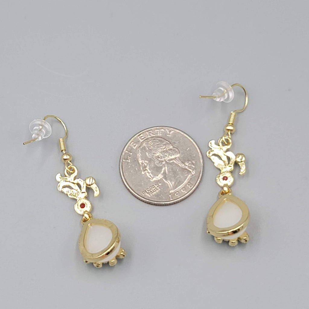 Gold tone White Teardrop Green Enamel Pierced Earrings Dangle 1.5"