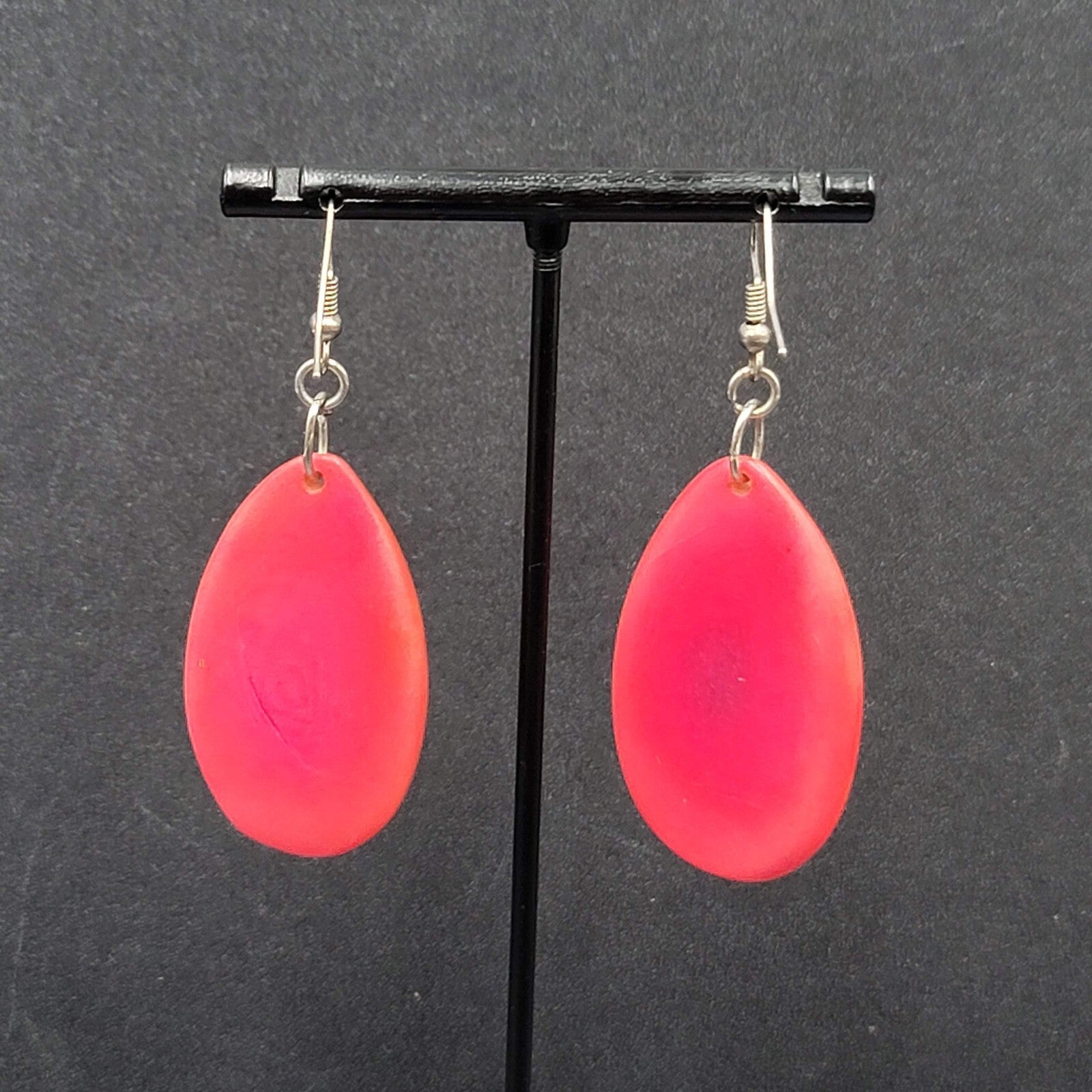 Pierced Earrings Red Dyed Tagua Nut Dangle Silver tone 1.75"
