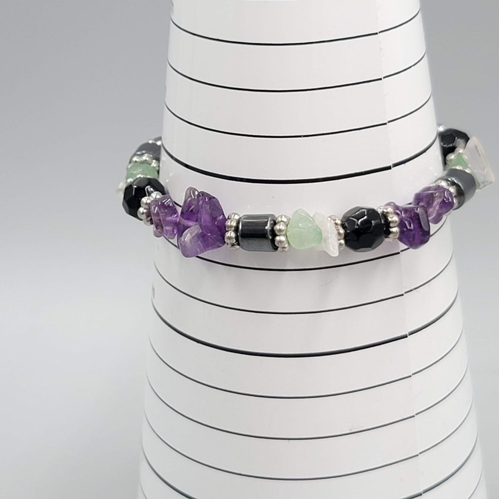 Amethyst Multi Gemstone Elastic Bracelet Purple Black Silver tone