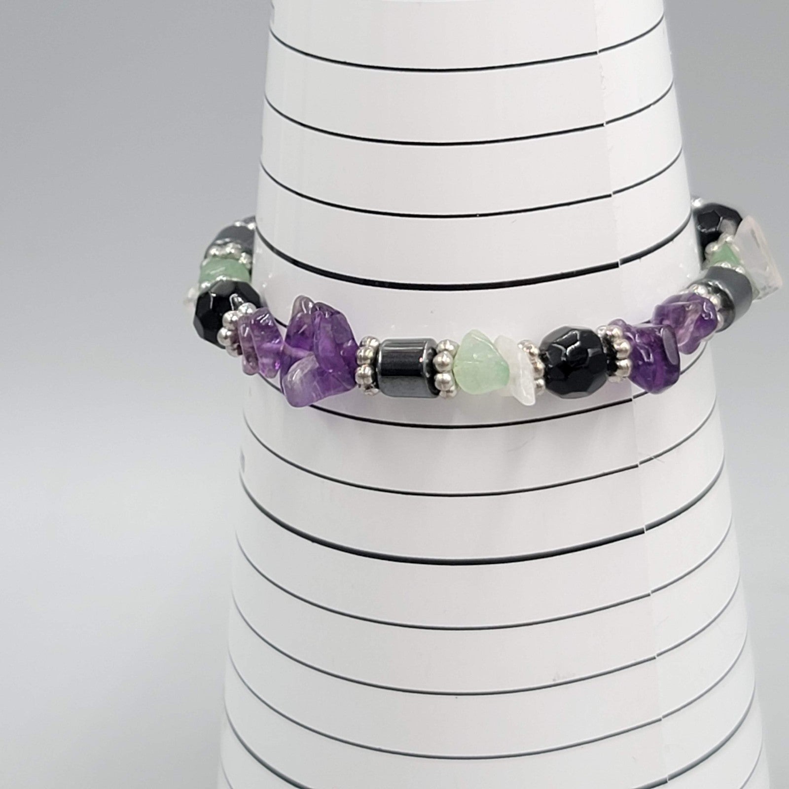 Amethyst Multi Gemstone Elastic Bracelet Purple Black Silver tone