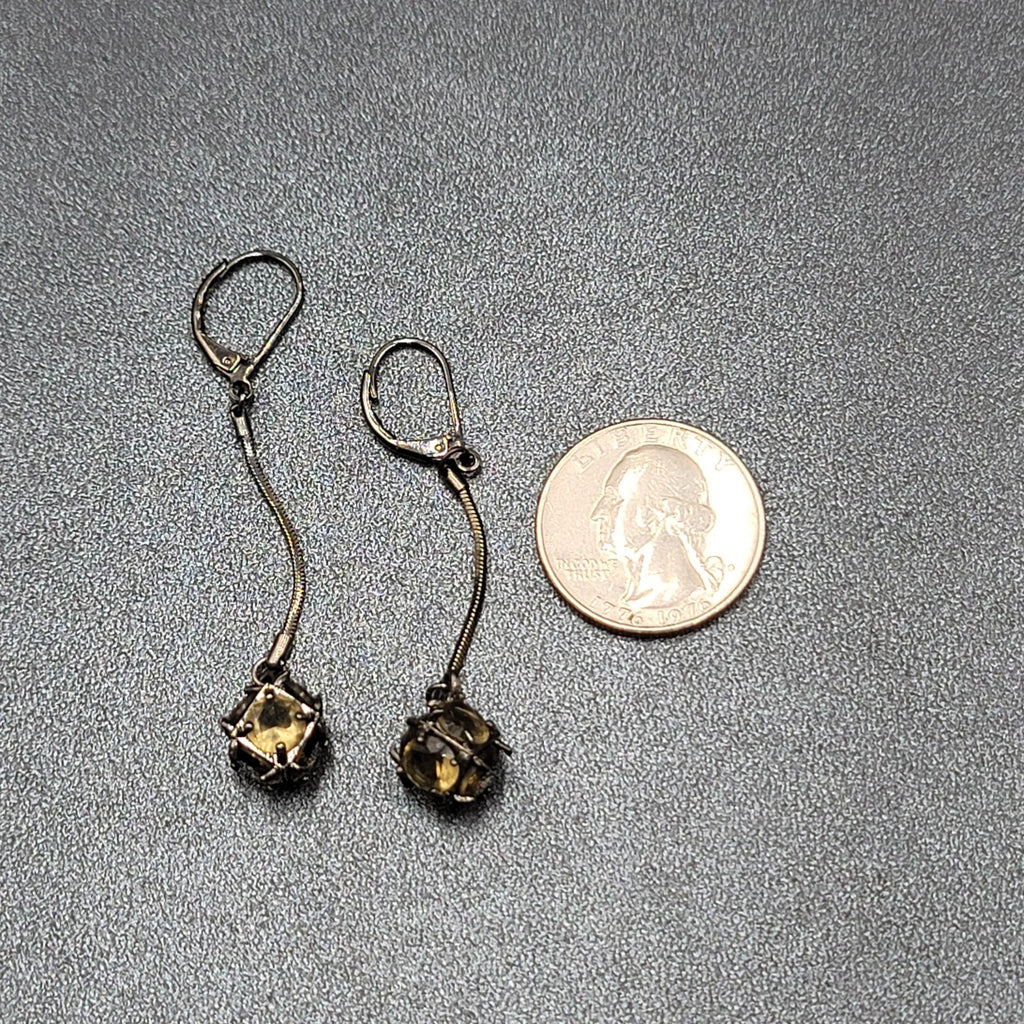 Pierced Earrings Black Metal Green Stone Sphere Dangle Chain 1.75"