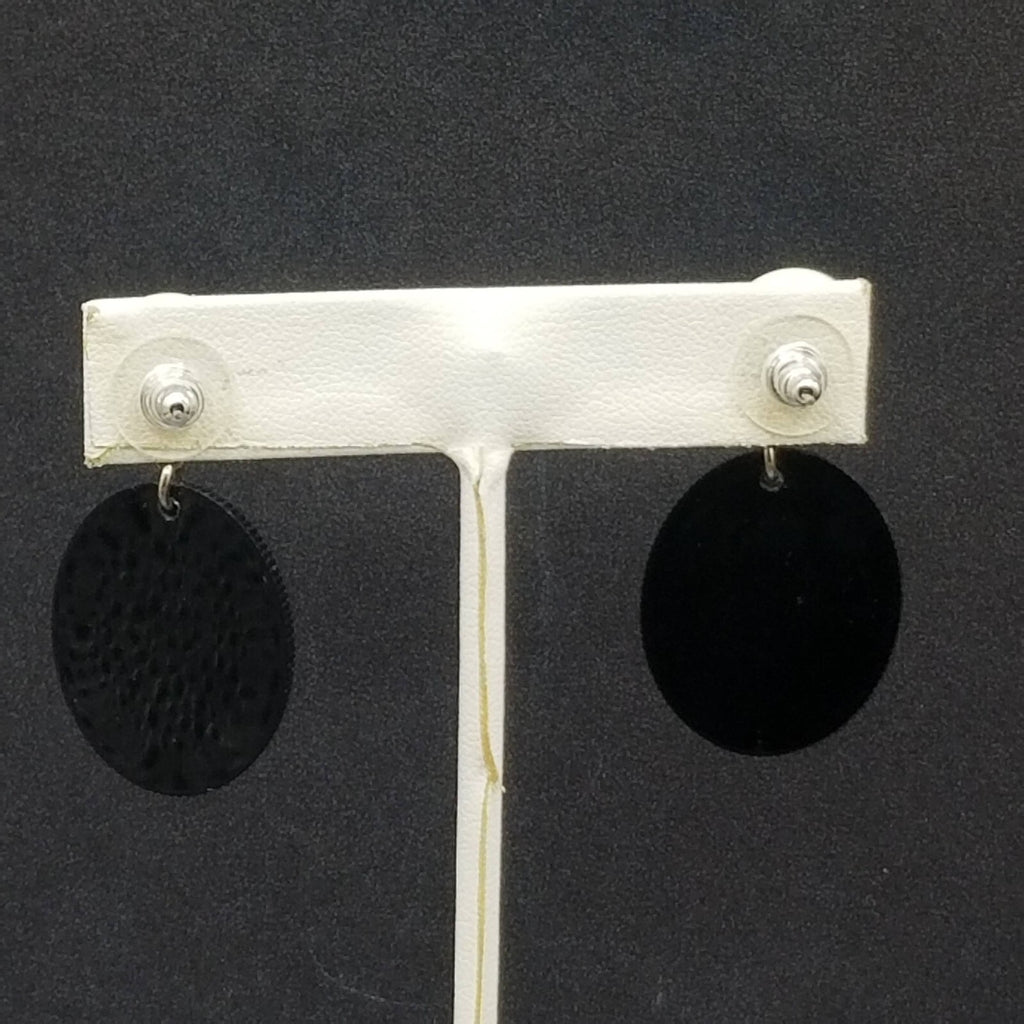 Pierced Earrings Black White Acrylic Oval Button Crystal Statement Dangle 1 5/8"