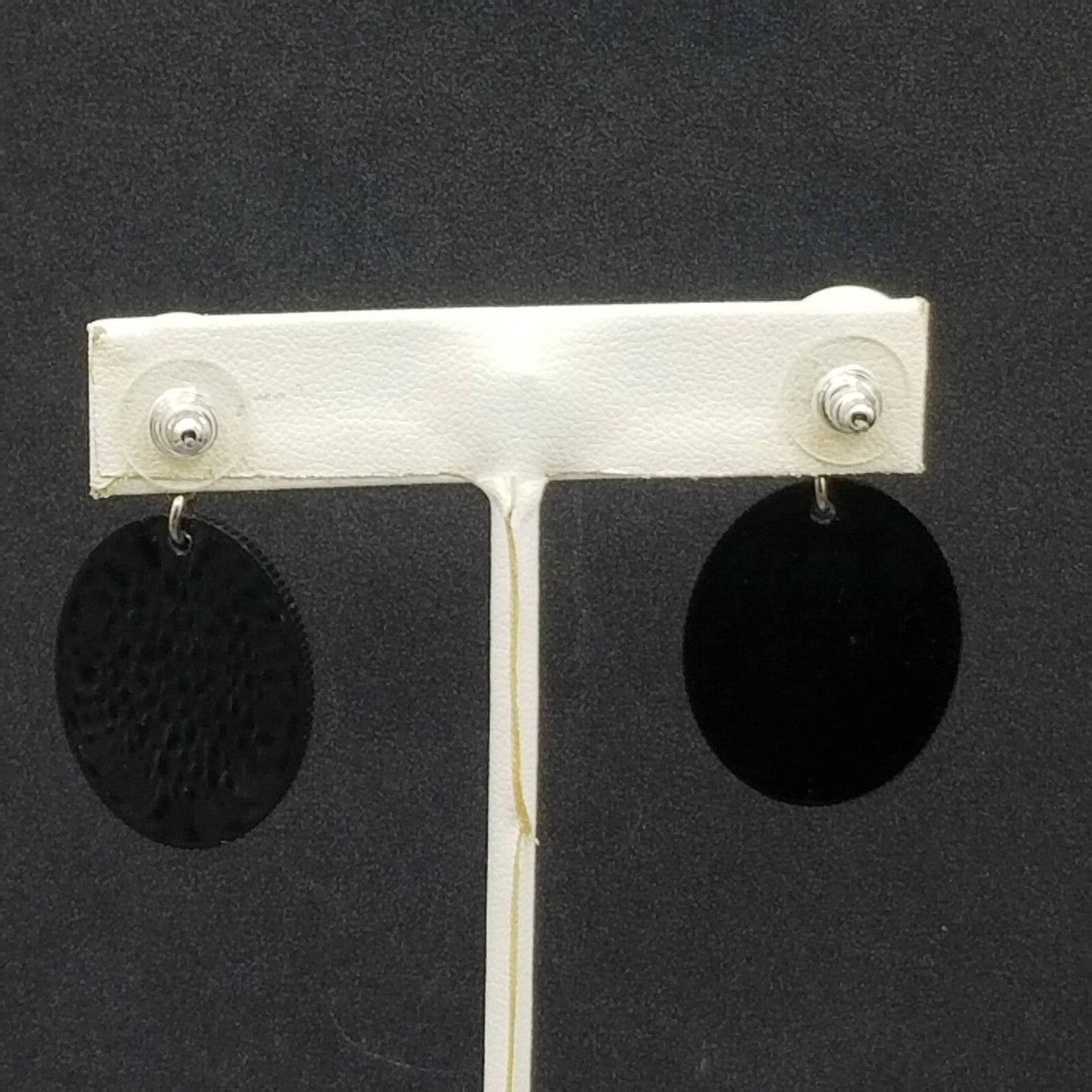 Pierced Earrings Black White Acrylic Oval Button Crystal Statement Dangle 1 5/8"