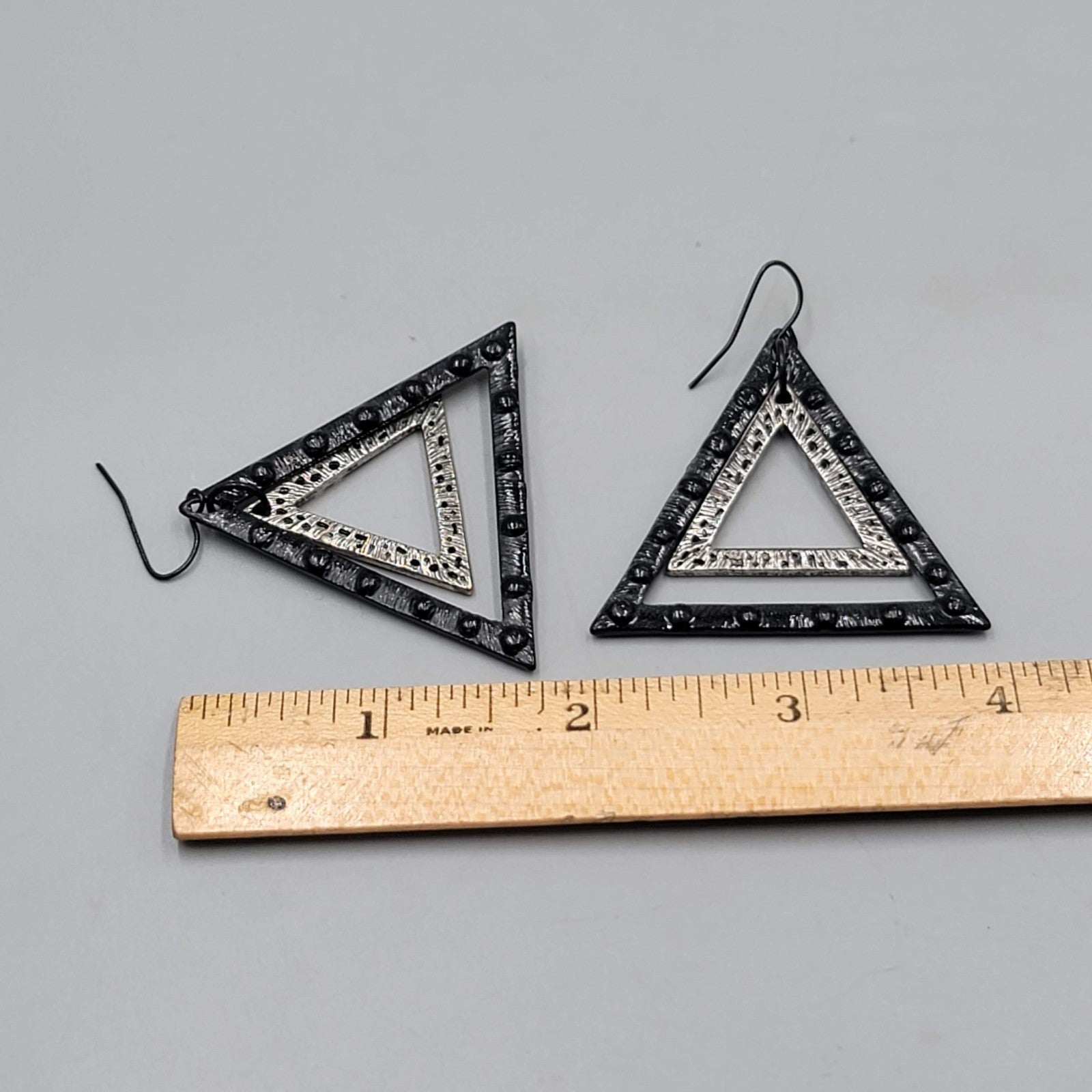 Black Enamel Double Triangle Pierced Earrings Dangle 1.75"