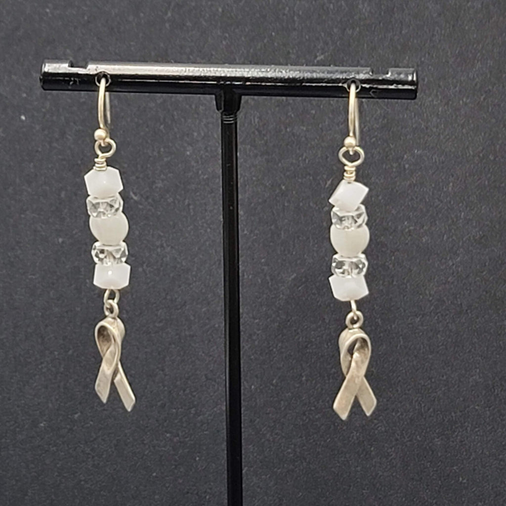 Sterling Silver Pierced Earrings 925 Beaded Awareness Ribbon 1.75" 