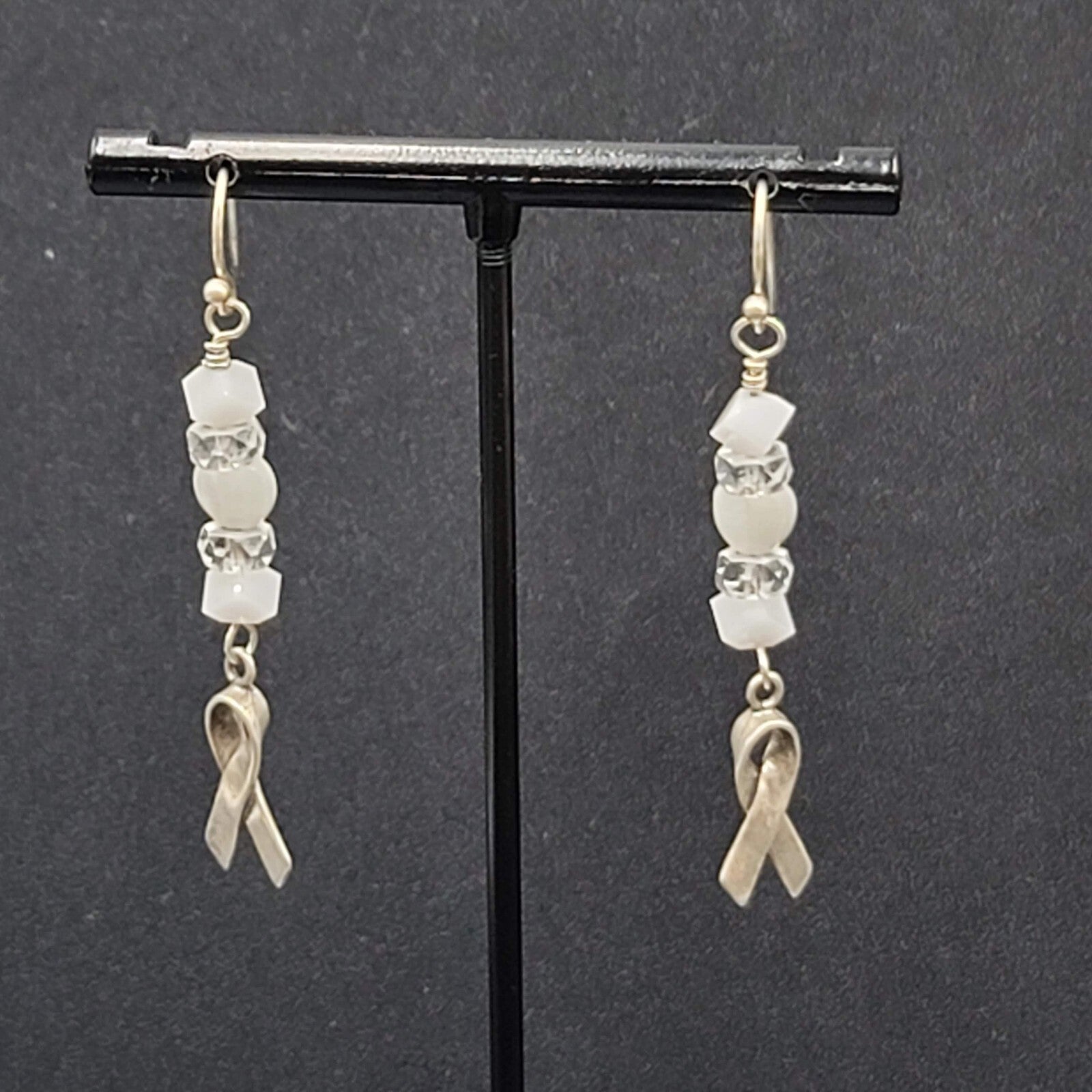 Sterling Silver Pierced Earrings 925 Beaded Awareness Ribbon 1.75" 