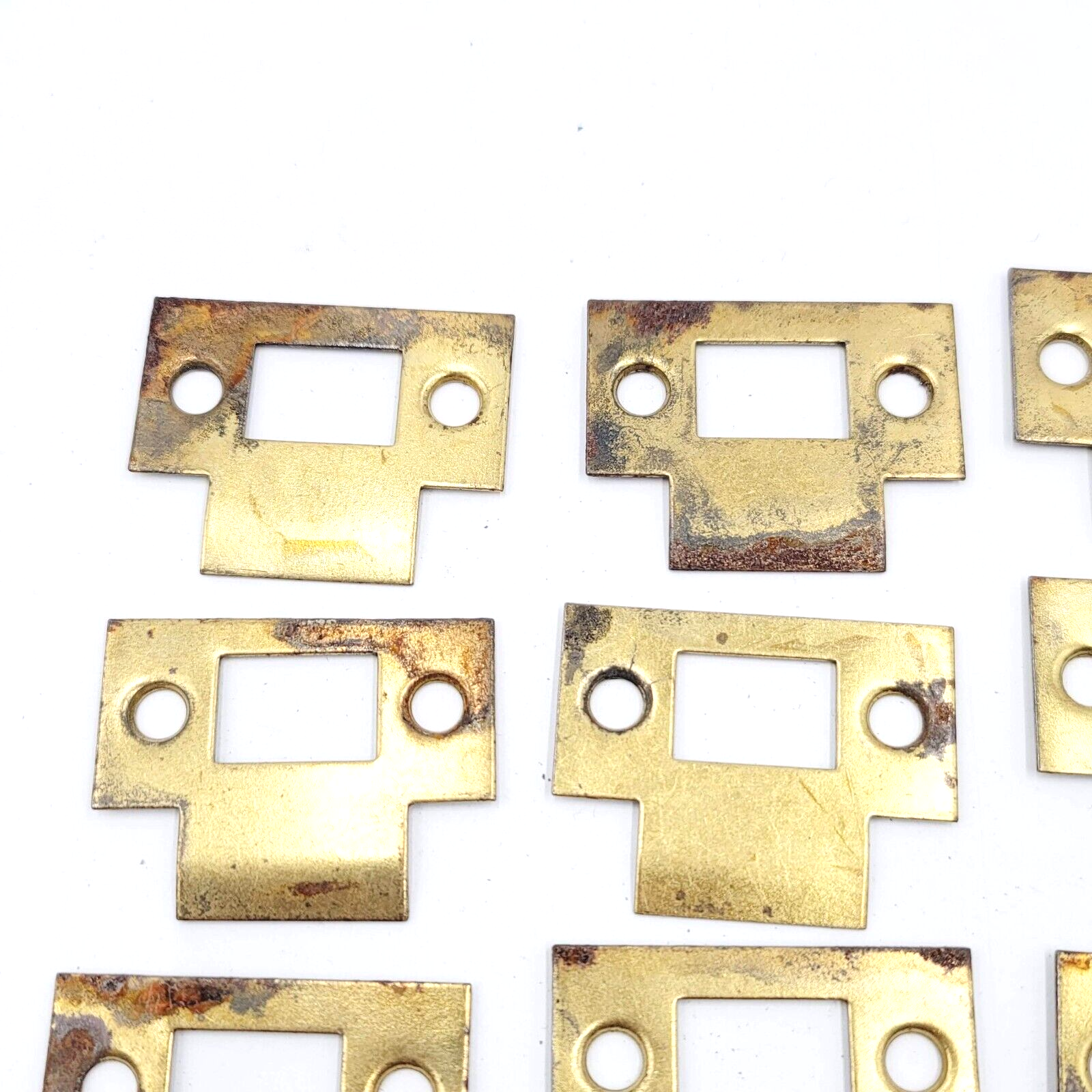 Lot of 16 Vintage Door Lock Strike Plate Gold color Steel Reclaim Salvage 2"x1"