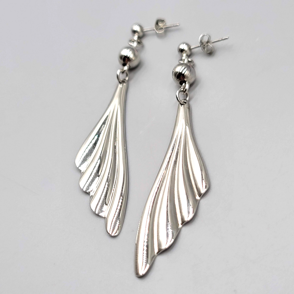 Vintage Pierced Earrings Silver tone Fan Design Dangle 2.75"