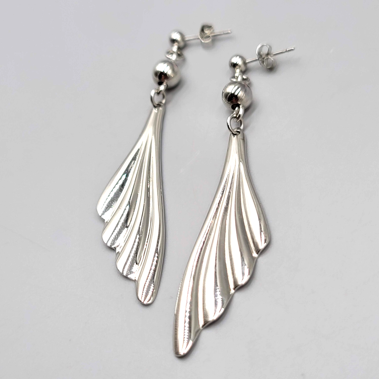 Vintage Pierced Earrings Silver tone Fan Design Dangle 2.75"