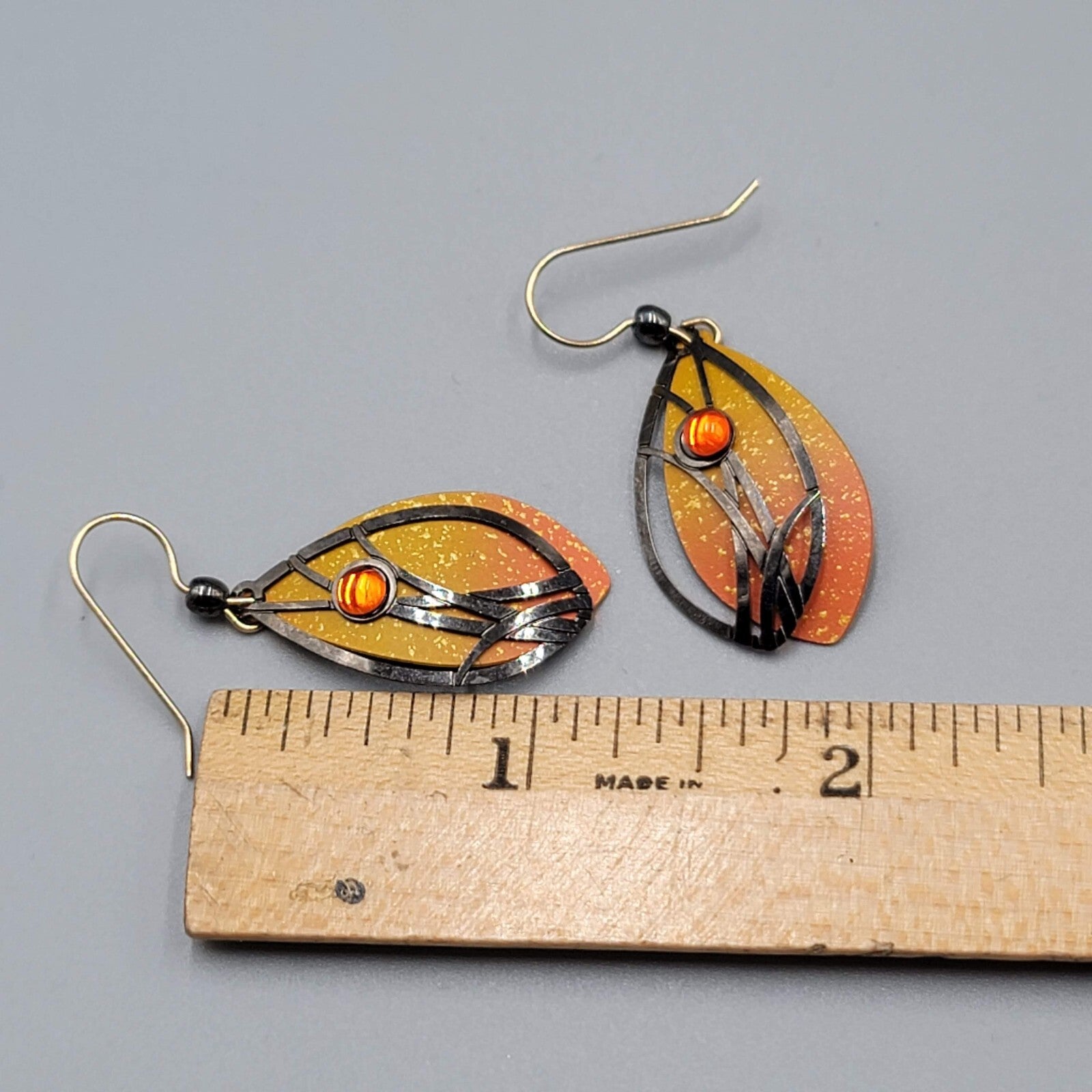 Butterfly Metal Wing Style Pierced Earrings Yellow Enamel Goldtone Dangle 1 1/8"