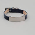 ANN ID Name Rustic Cuff Bracelet Silver Tone Navy Blue Leather RC Buckle Adj