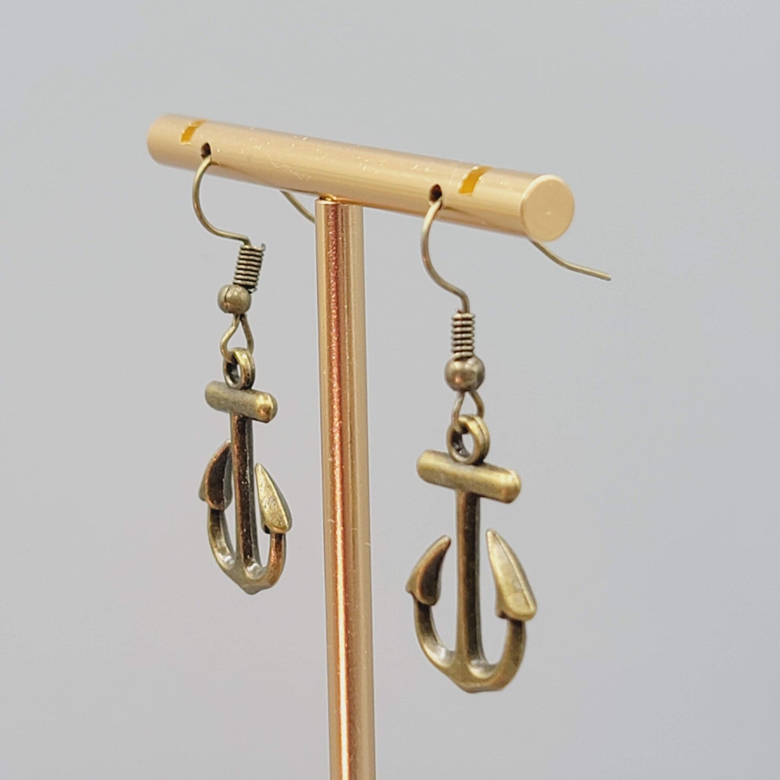 Boat Anchor Nautical Pierced Earrings Bronze tone Dangle 7/8"