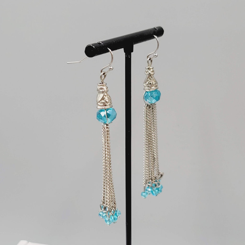 Dangle Chains Pierced Earrings Blue Crystal Beads Tassel 2.5"