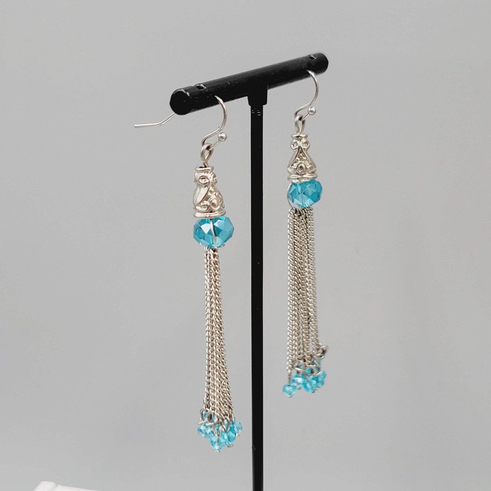 Dangle Chains Pierced Earrings Blue Crystal Beads Tassel 2.5"