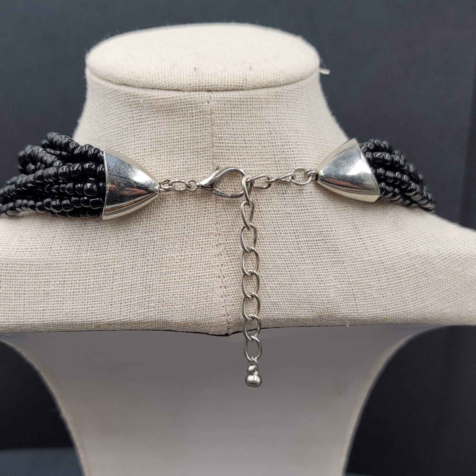 Black Glass Seed Bead 12 Strand Necklace Silver tone 20"-22.5"