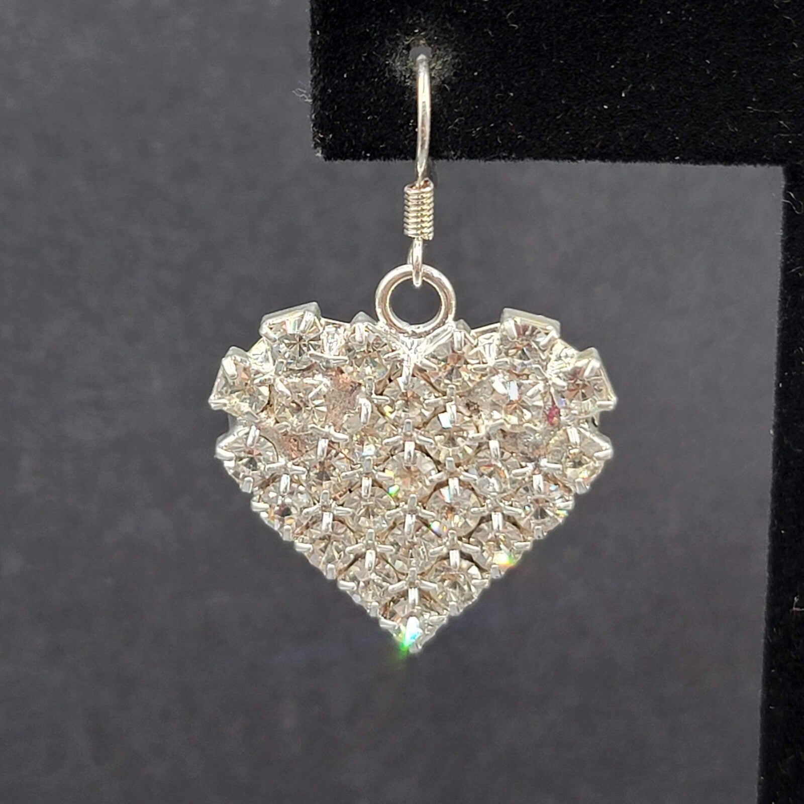 Vintage Pierced Earrings Silver tone Rhinestone Studded Dangle Heart 1"