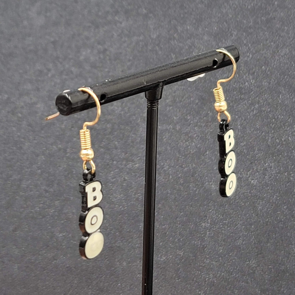 BOO Pierced Earrings Black Enamel Halloween Dangle Gold tone 7/8"