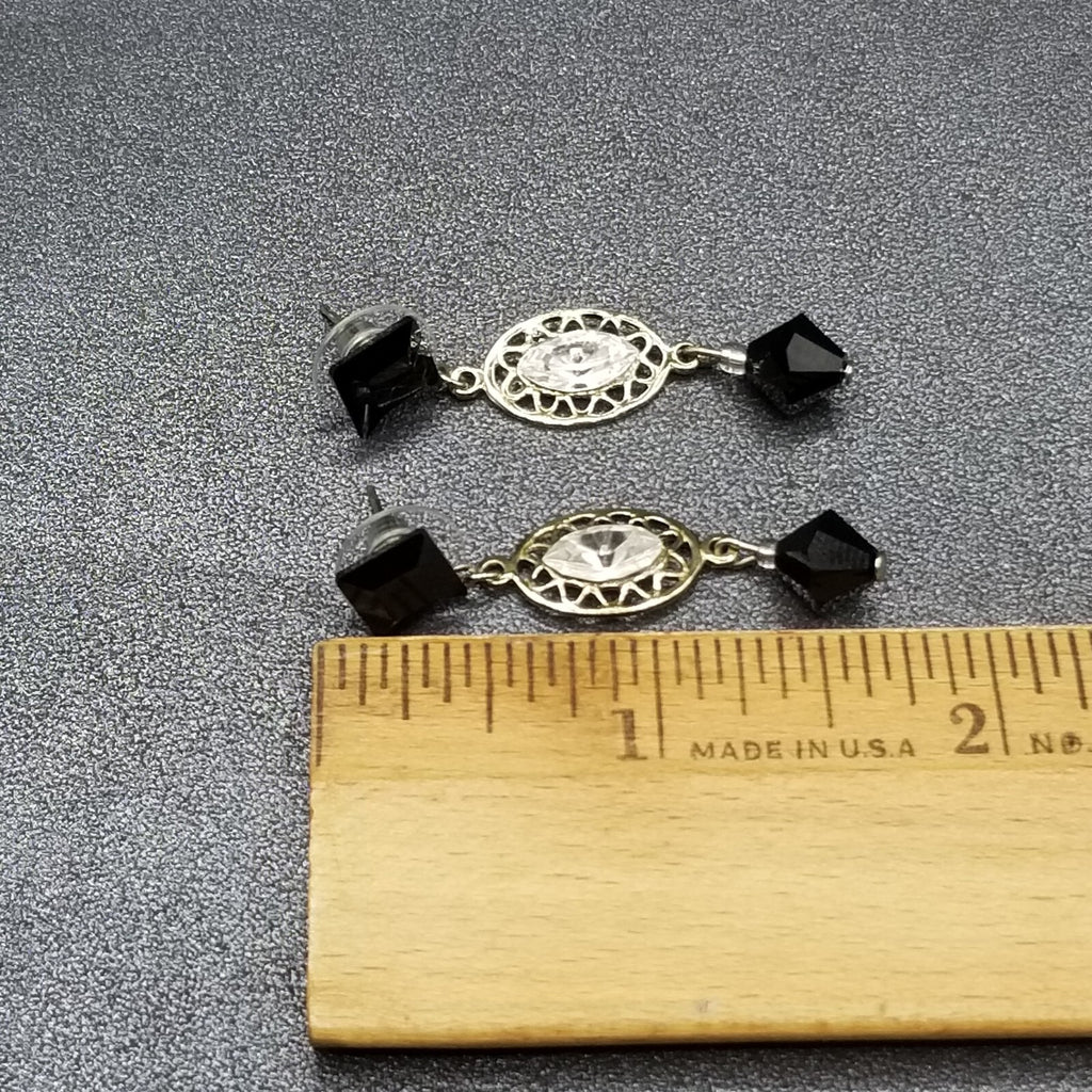 Pierced Earrings Silver tone Open Work Black Clear Faceted Crystal Dangle 1 3/4"