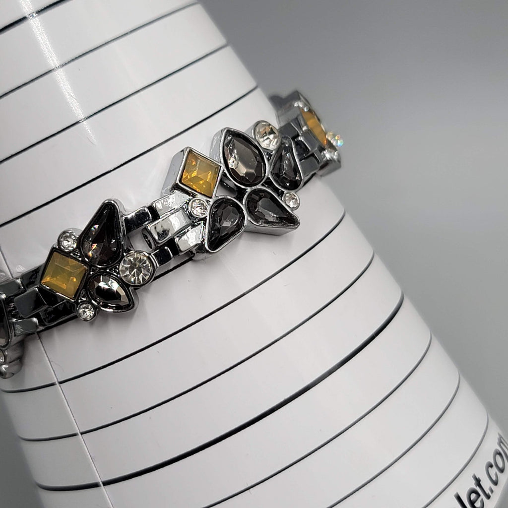 Black Yellow Rhinestone Bracelet Gun Metal Gray Metal Elastic 7"