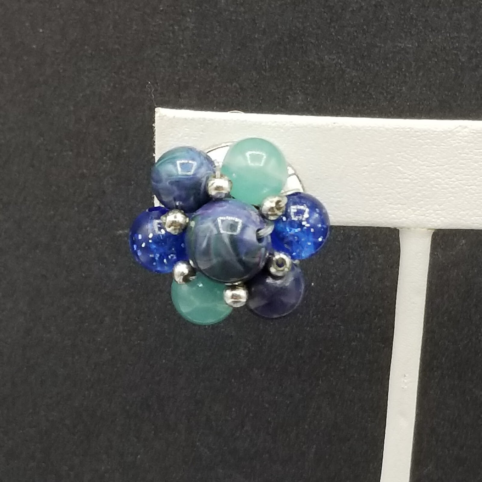 Vintage Clip On Silver tone Blue and Green Acrylic Bead Cluster Stud 1"