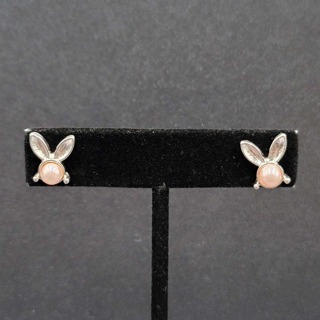 Bunny Rabbit Pierced Earrings Silver tone Faux Pink Pearl Studs 1/2"