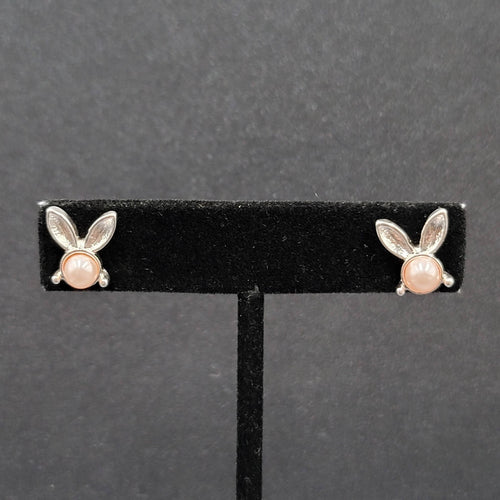 Bunny Rabbit Pierced Earrings Silver tone Faux Pink Pearl Studs 1/2"