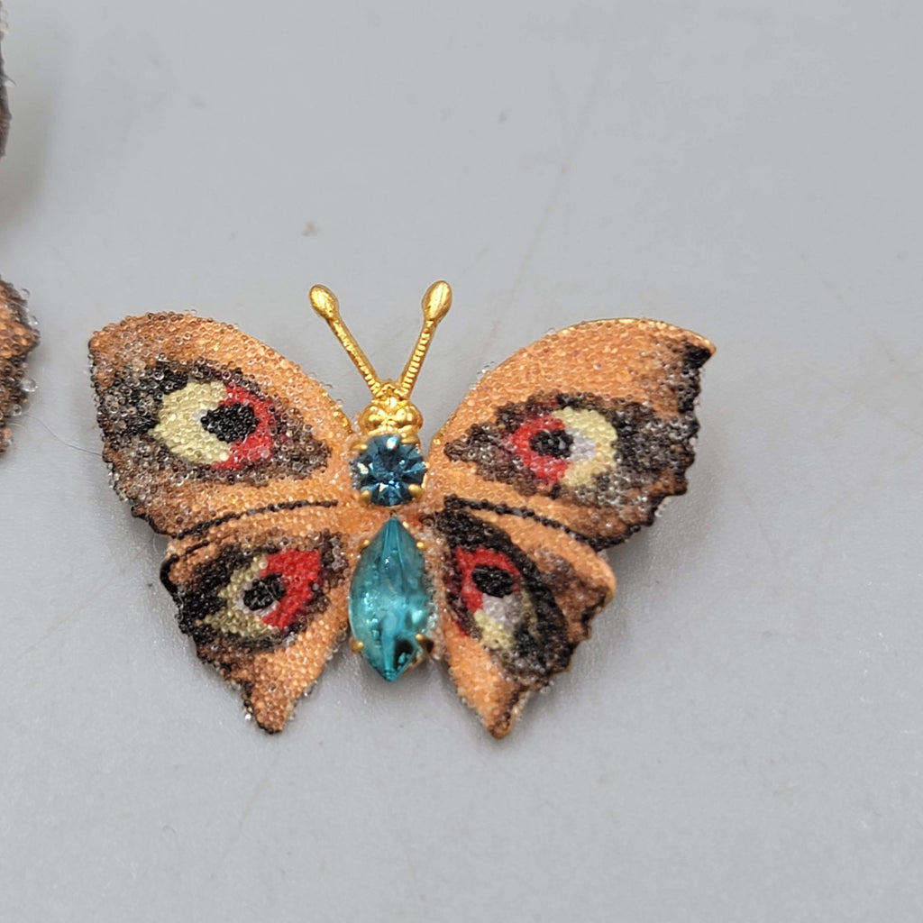 Vintage Butterfly Brooch Flocked Enamel Set of 2 