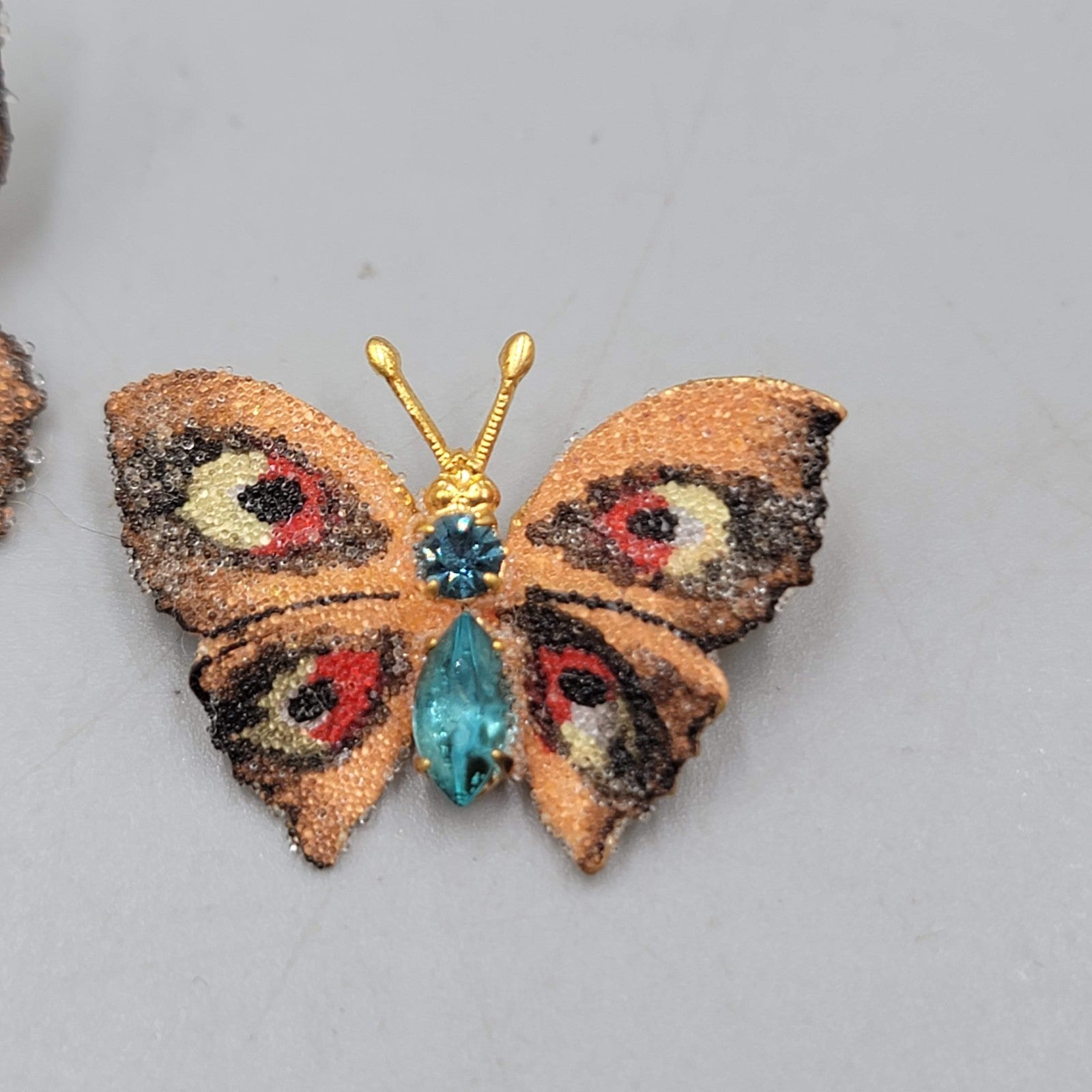 Vintage Butterfly Brooch Flocked Enamel Set of 2 