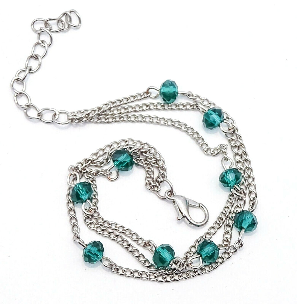 Vintage Silver tone Green Crystal Bead Chain Link Bracelet 7" - 8 .5"