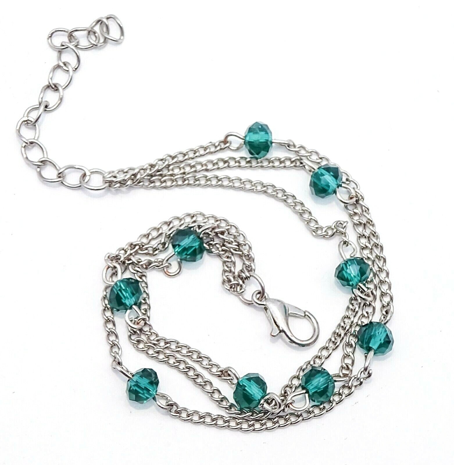 Vintage Silver tone Green Crystal Bead Chain Link Bracelet 7" - 8 .5"