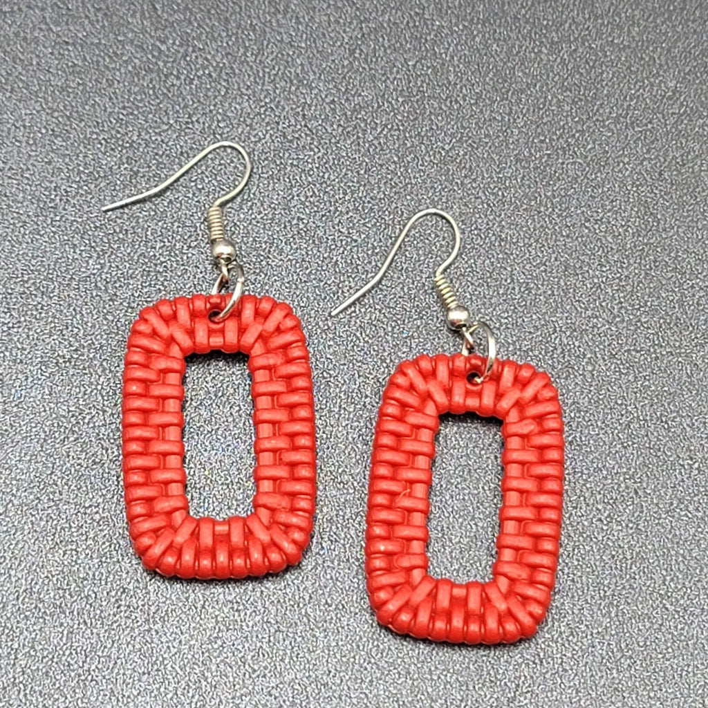 Pierced Earrings Red Acrylic Rectangle Weave Design Dangle 1.5"