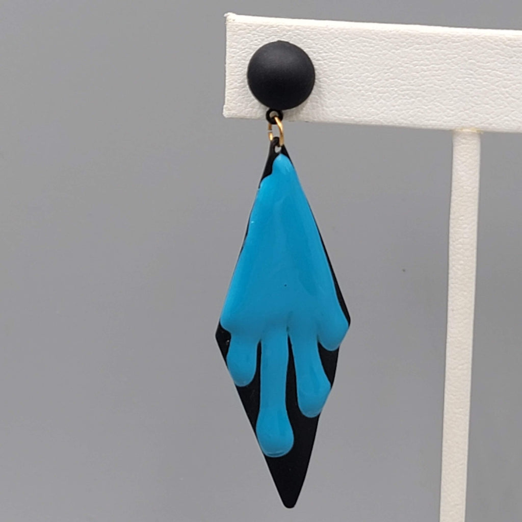 Vintage Black Blue Enamel Pierced Earrings Statement Dangle 2.75"