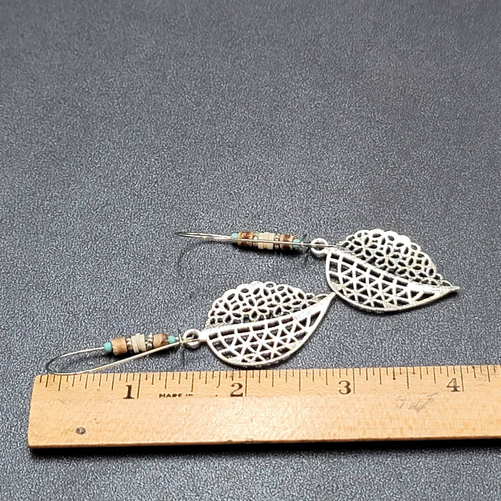 New Boho Pierced Earrings Open Work Leaf Beaded Long 3"