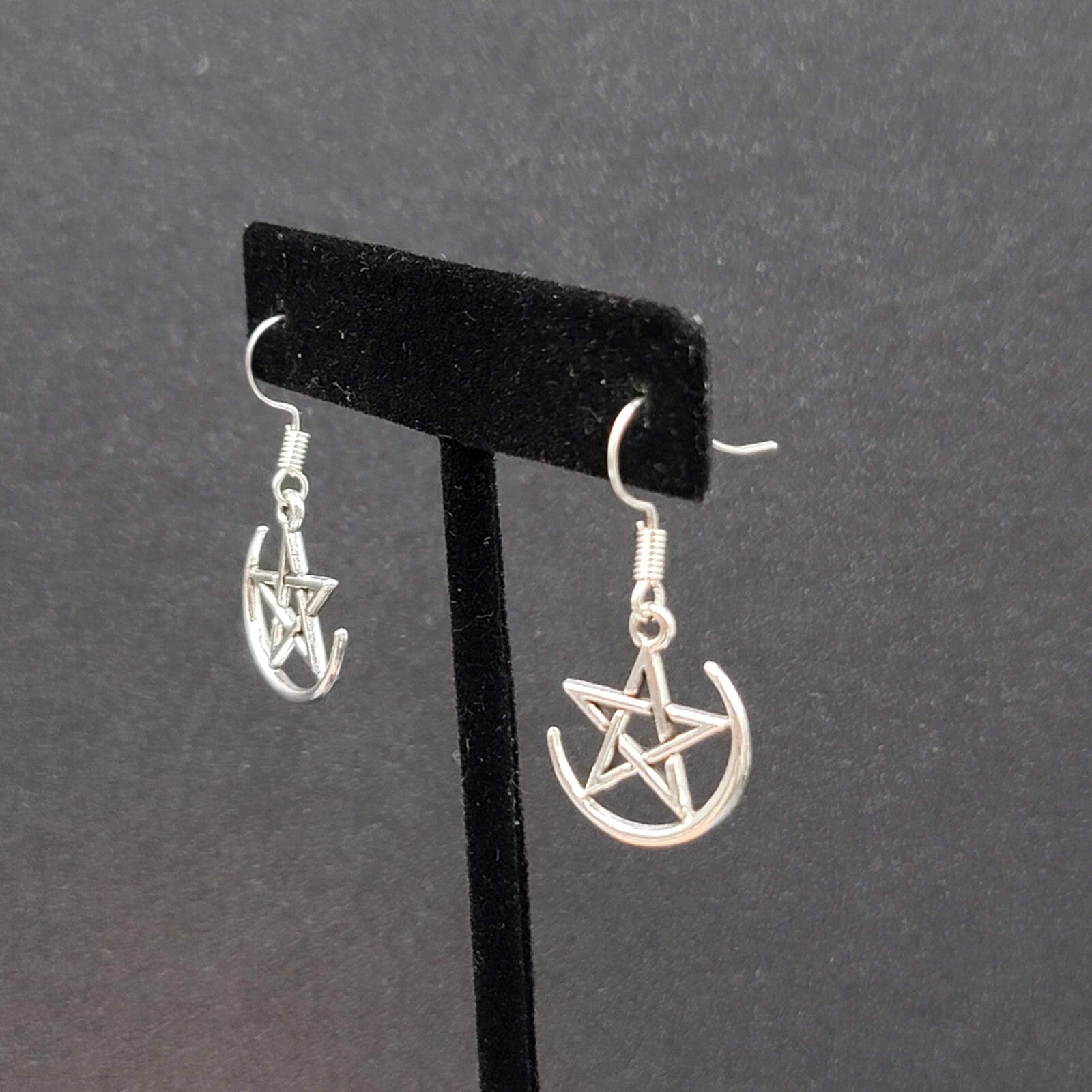 Pentagram Pierced Earrings Half Moon Star Silver tone Dangle 3/4"