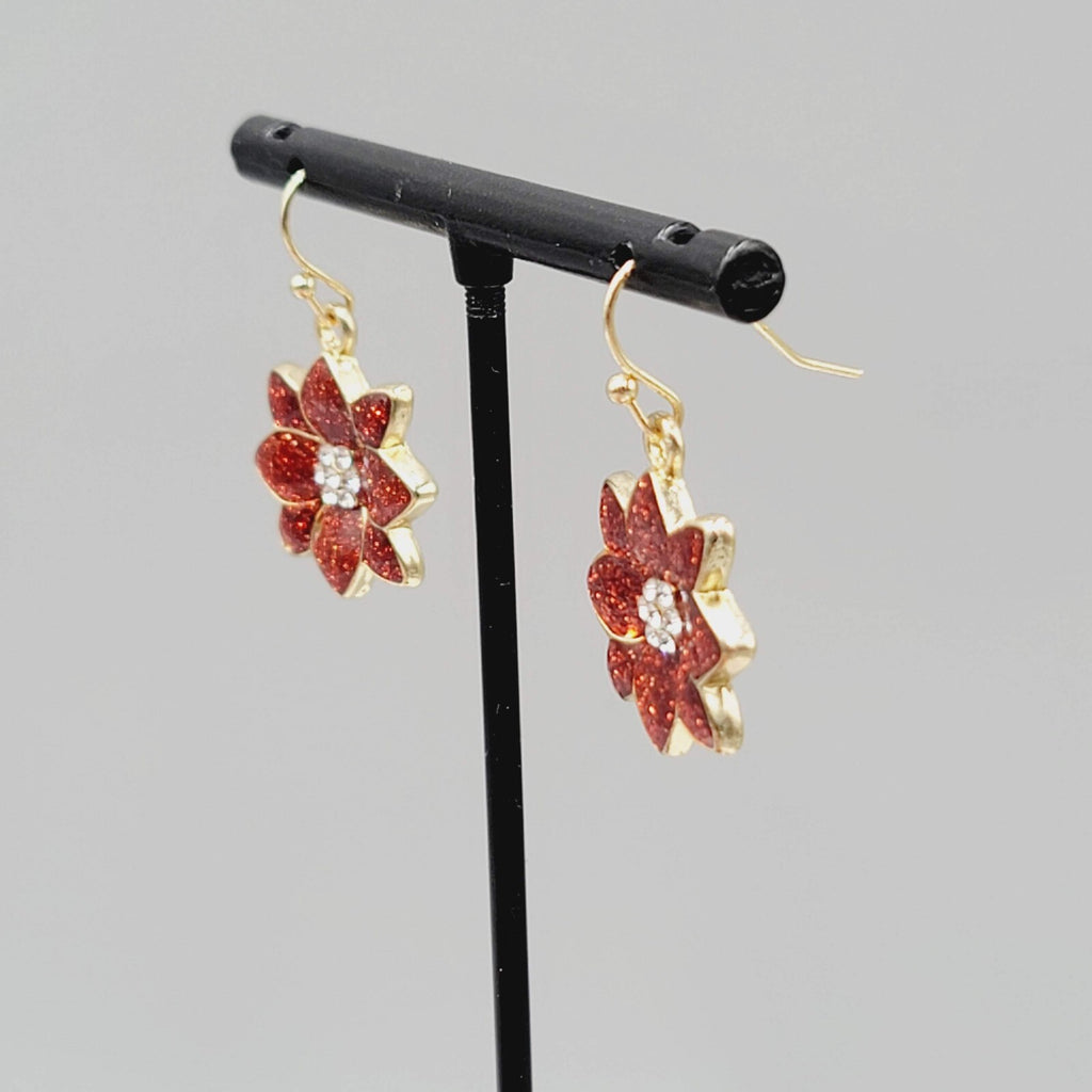 Poinsettia Pierced Earrings Christmas Red Glitter Enamel Rhinestone Dangle 7/8"