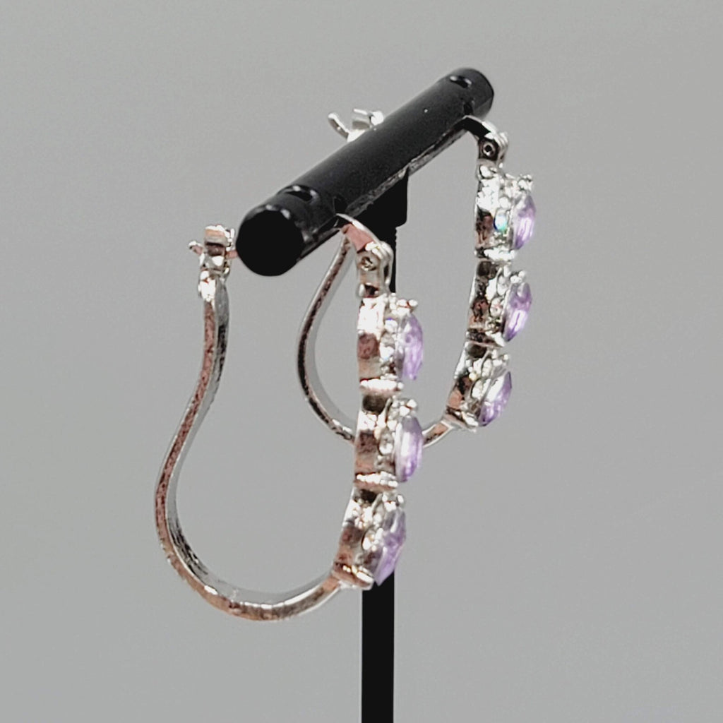 Hoop Pierced Earrings Silver tone Purple Rhinestone Dangle Hoops 1"