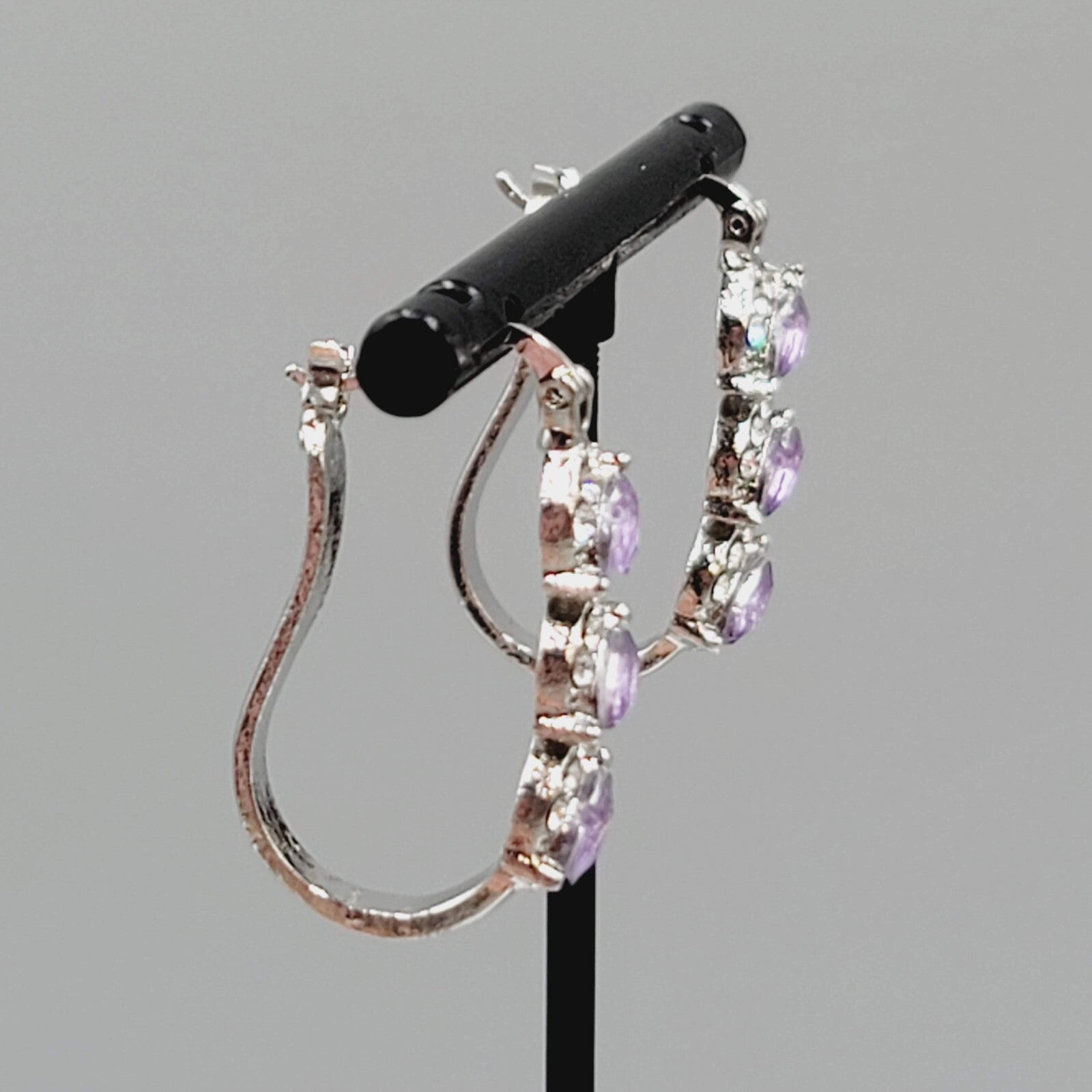 Hoop Pierced Earrings Silver tone Purple Rhinestone Dangle Hoops 1"