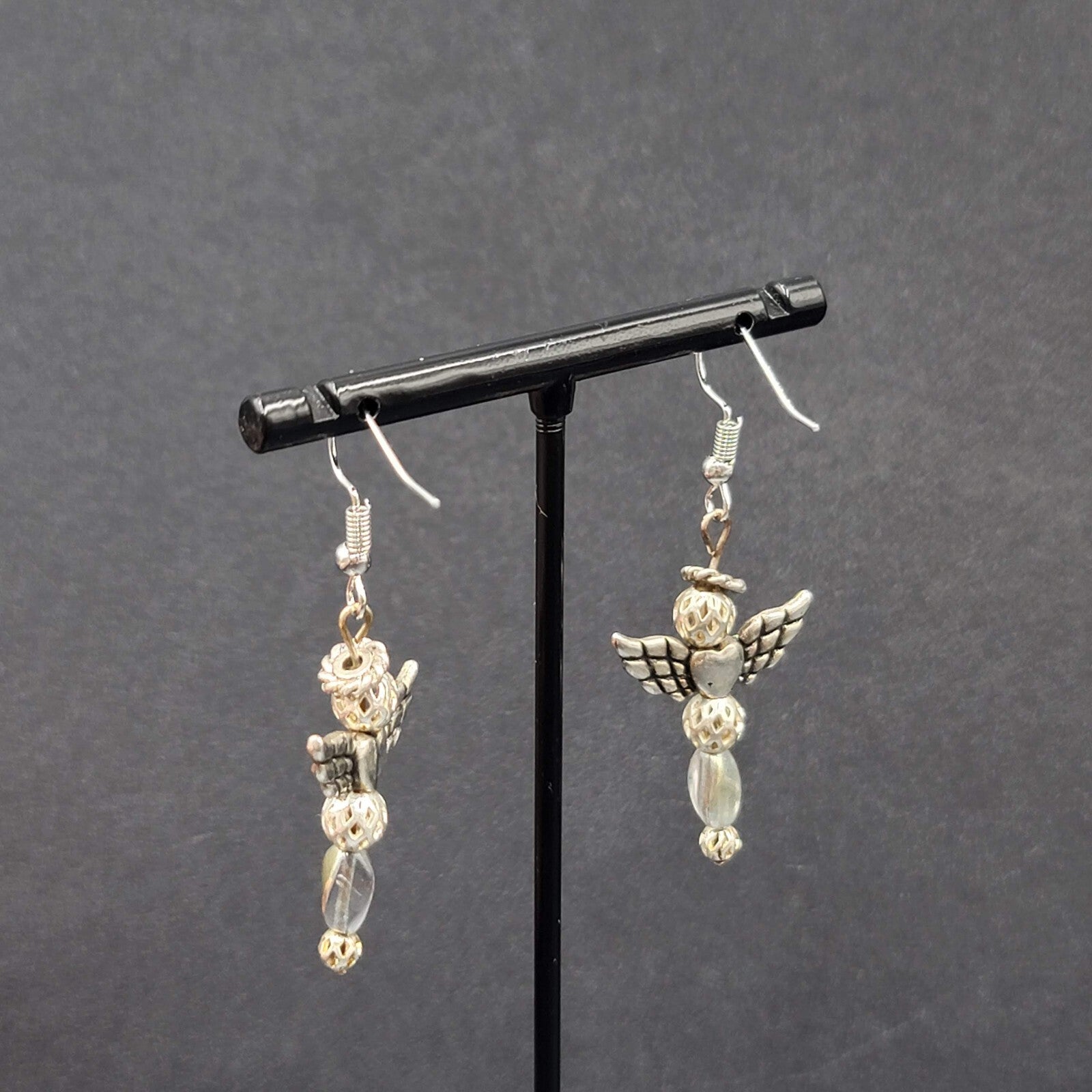 Vintage Angel Pierced Earrings Silver tone Bead Dangle 1.5"
