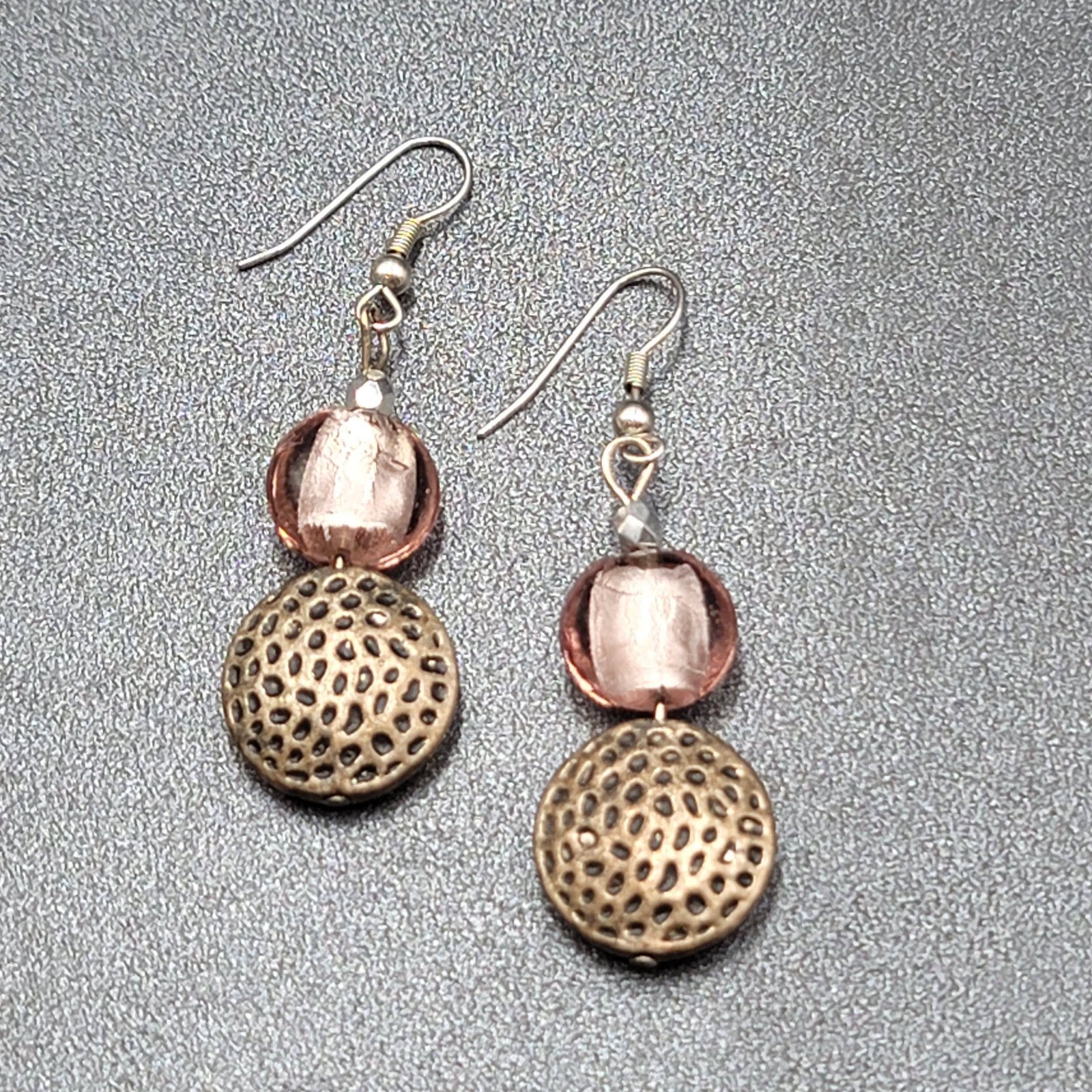 Pierced Earrings Silver tone Pink Glass Beaded Dangle 1.5"